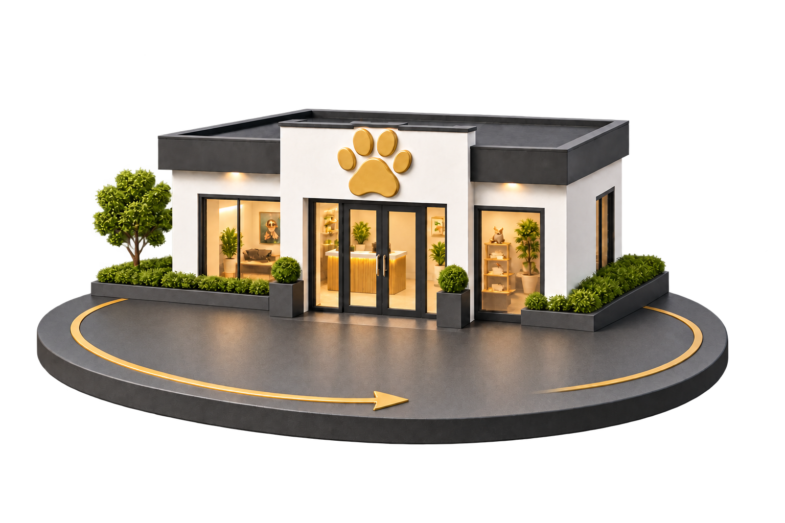 Clínica veterinária; tutores e pets aparecem conforme a carteira simulada aumenta.