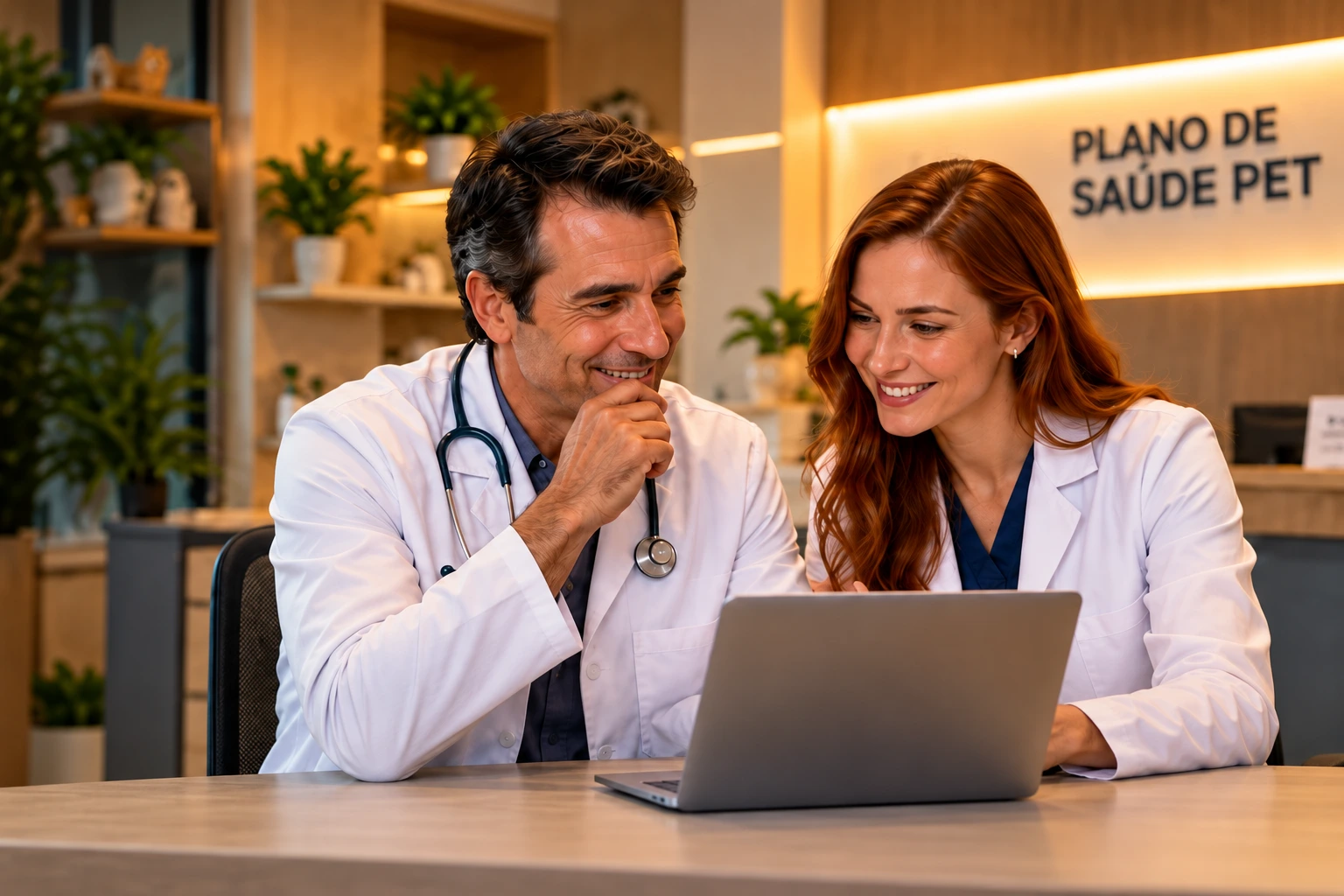 Dois veterinários analisam juntos o projeto de um plano pet no notebook.