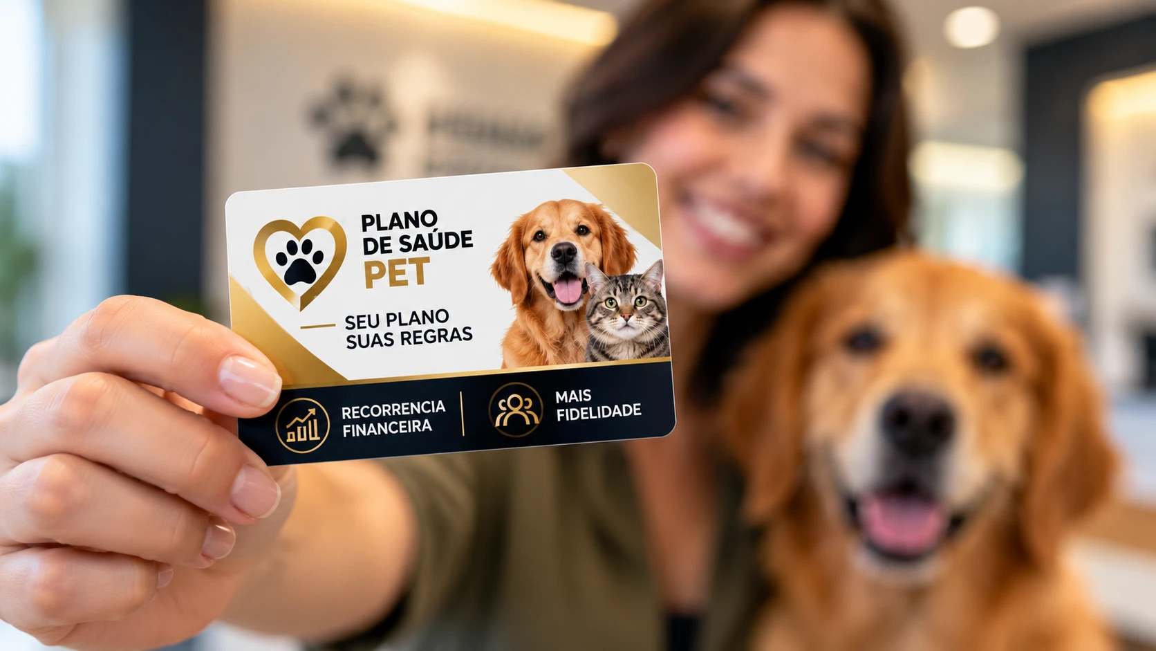 Tutora com seu cachorro apresenta o cartão do plano de saúde pet. Seu plano, suas regras: recorrência financeira e mais fidelidade.