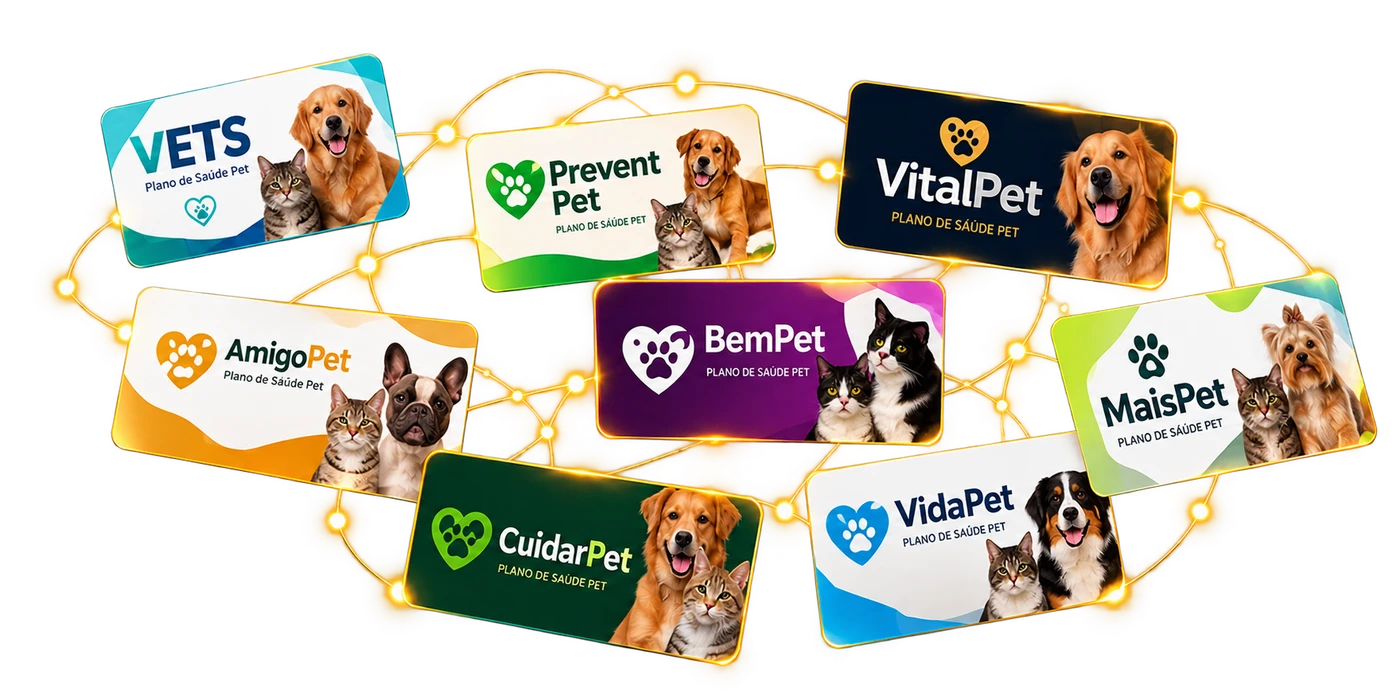 Cartões de planos implantados: VETS, Prevent Pet, VitalPet, AmigoPet, BemPet, CuidarPet, VidaPet e MaisPet.
